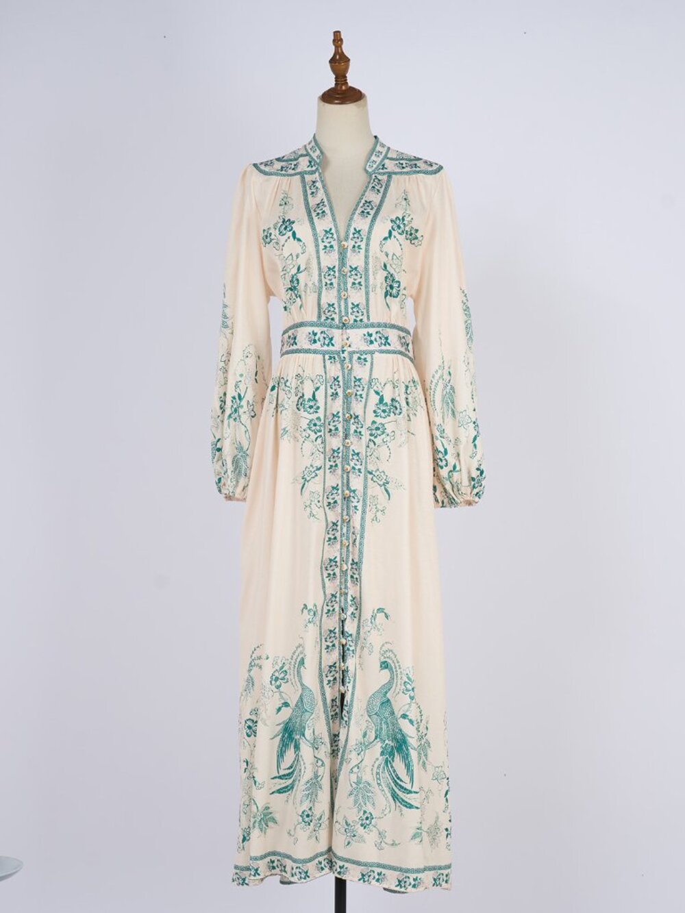 Vintage Cream & Teal Floral Bird Print Prairie Maxi Dress - Picture 1 of 14